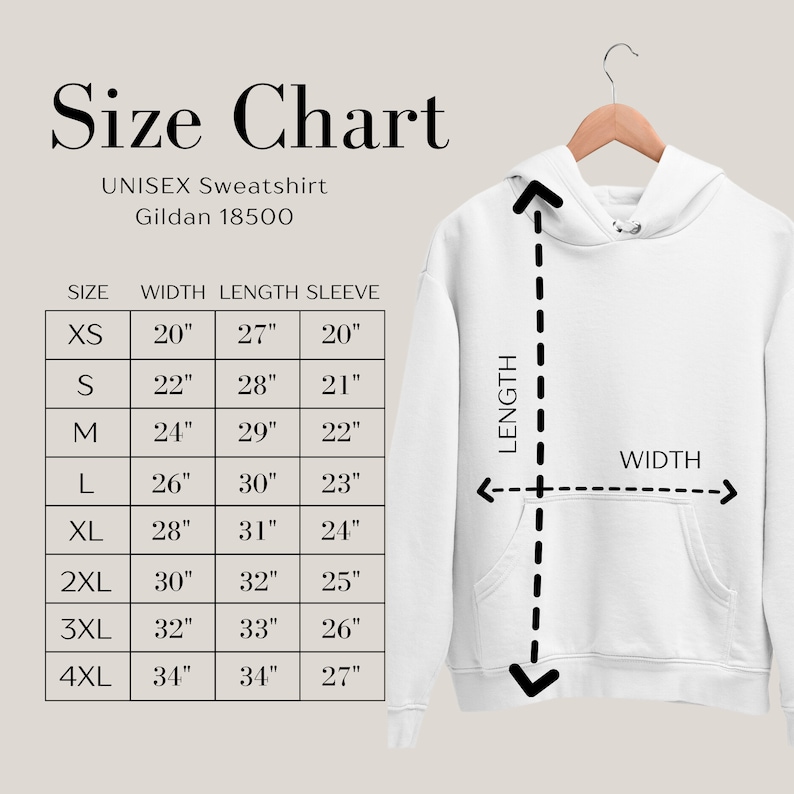 May include: Size chart for a unisex sweatshirt, showing measurements in inches for width, length, and sleeve length for sizes XS to 4XL. The chart is labeled "Unisex Sweatshirt Gildan 18500".