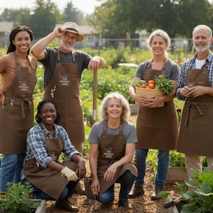 May include: Six people in a community garden, wearing brown aprons with the text "Your Community Garden". The garden has raised beds with various plants and vegetables. The people are smiling and holding gardening tools and a basket of produce.
