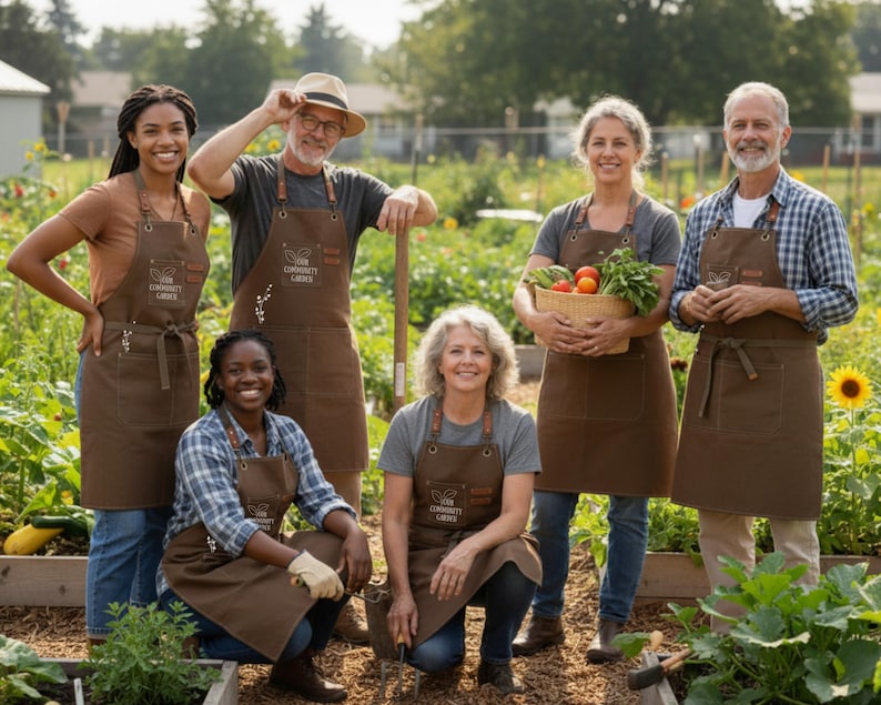 May include: Six people in a community garden, wearing brown aprons with the text "Your Community Garden". The garden has raised beds with various plants and vegetables. The people are smiling and holding gardening tools and a basket of produce.