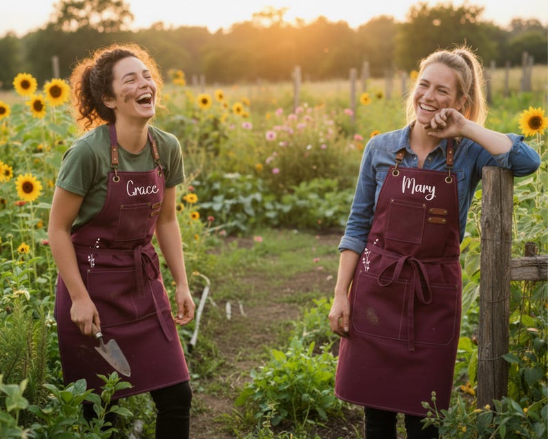 May include: Two women in a field of sunflowers, wearing burgundy aprons with leather straps. The aprons are personalised with the names "Grace" and "Mary". The women are smiling and laughing in a sunny outdoor setting, with a garden trowel visible.