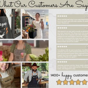 May include: A promotional image featuring aprons with custom designs and customer feedback. The aprons have leather straps and personalized embroidery. The image includes customer reviews and the text "What Our Customers Are Saying."