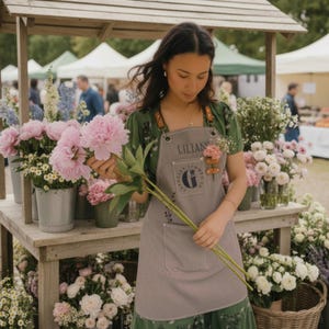 May include: A flower stall at a market, with a woman holding pink peonies. She wears a grey apron with the name "Lilian" and a "G" logo. The stall displays various flowers in buckets and vases, under a wooden structure.