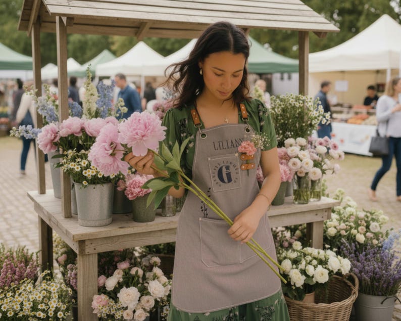 May include: A flower stall at a market, with a woman holding pink peonies. She wears a grey apron with the name "Lilian" and a "G" logo. The stall displays various flowers in buckets and vases, under a wooden structure.