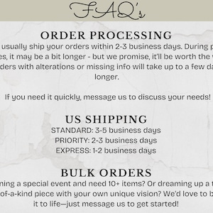 May include: A cream-colored graphic with the text "FAQ's" at the top. It details order processing, US shipping times (3-5 business days standard), and bulk order information. The text is in a simple, readable font.