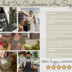 May include: A promotional image featuring aprons with custom designs and customer reviews. The aprons have personalized embroidery and leather straps. The image includes customer testimonials and the text "What Our Customers Are Saying."