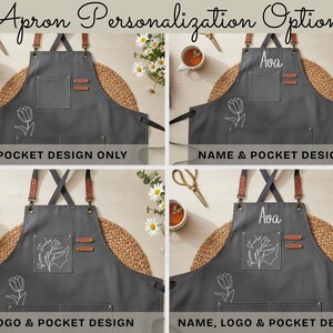 May include: Four grey aprons showcasing personalisation options. Each apron features a pocket design, with options for a name, logo, or both. The aprons have brown leather accents and straps, with the text "Apron Personalization Options" at the top.