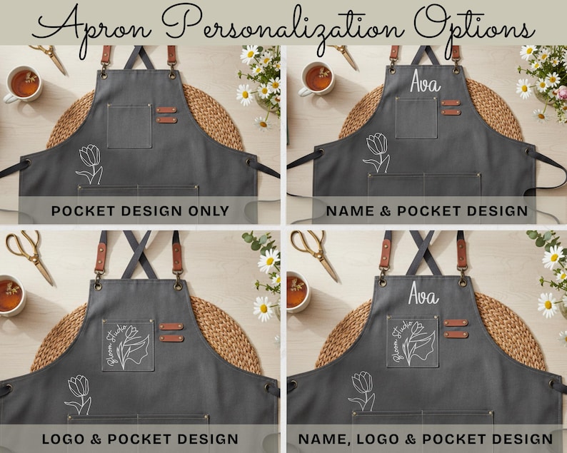 May include: Four grey aprons showcasing personalisation options. Each apron features a pocket design, with options for a name, logo, or both. The aprons have brown leather accents and straps, with the text "Apron Personalization Options" at the top.