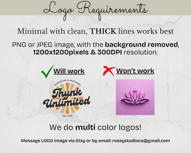 May include: A graphic outlining logo design specifications. It advises minimal, thick lines, PNG or JPEG format, background removal, 1200x1200 pixels, and 300 DPI resolution. Includes examples and contact details for logo submissions.