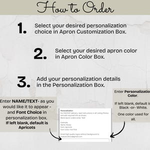 May include: A guide titled "How to Order" with numbered steps for customising aprons. Instructions include selecting personalisation, colour, and entering details. Text examples and colour options are provided, with a default colour of black or white.