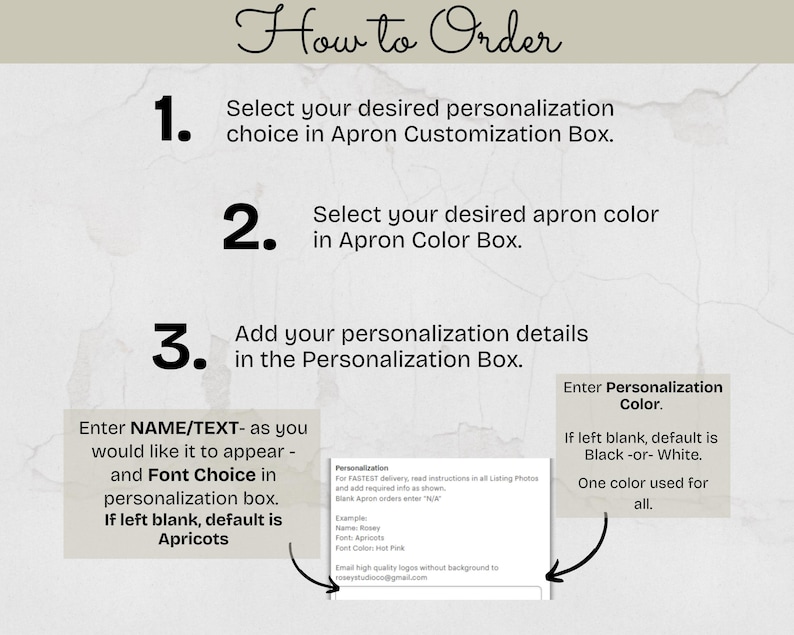 May include: A guide titled "How to Order" with numbered steps for customising aprons. Instructions include selecting personalisation, colour, and entering details. Text examples and colour options are provided, with a default colour of black or white.