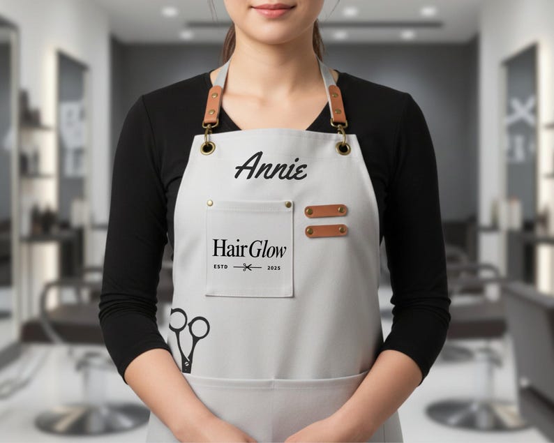 May include: A light gray apron with the name "Annie" printed in black script. The apron features a pocket with the text "Hair Glow" and a pair of scissors. The apron has brown leather straps and accents.