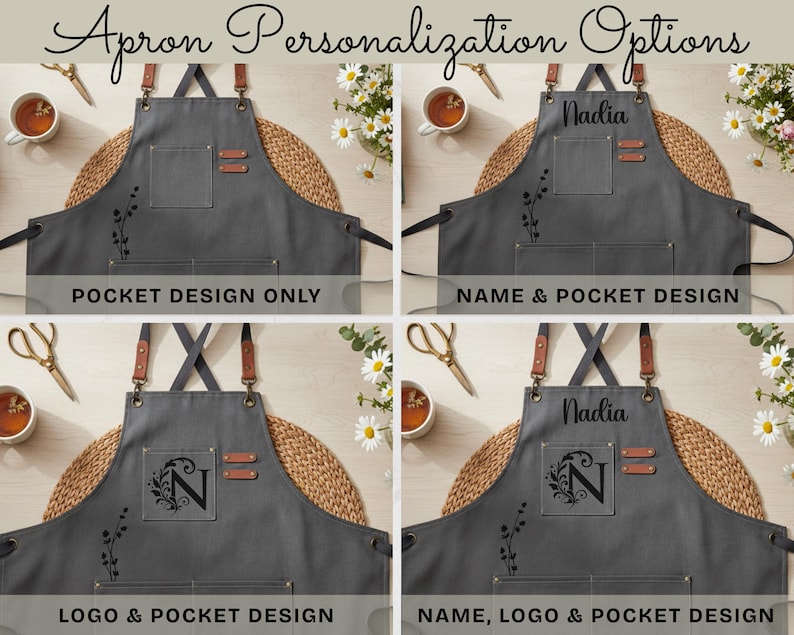 May include: Four grey aprons with leather straps and pockets are shown, each with different personalisation options. Text at the top reads "Apron Personalisation Options." The options include pocket design only, name and pocket design, logo and pocket design, and name, logo, and pocket design.