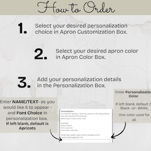 May include: A guide titled "How to Order" with numbered steps for customizing aprons. Instructions include selecting personalization, color, and entering details. Text examples and color options are provided, with a default color of black or white.