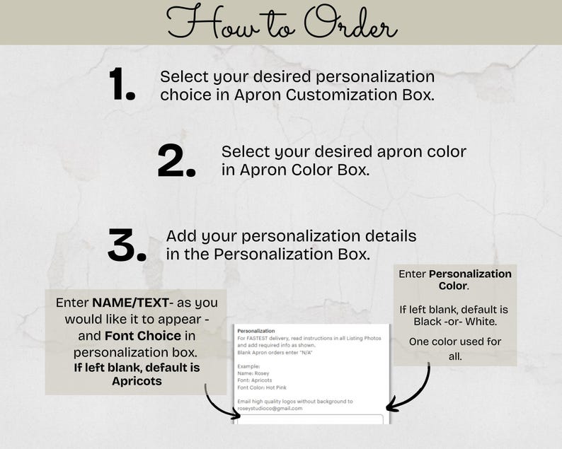 May include: A guide titled "How to Order" with numbered steps for customizing aprons. Instructions include selecting personalization, color, and entering details. Text examples and color options are provided, with a default color of black or white.