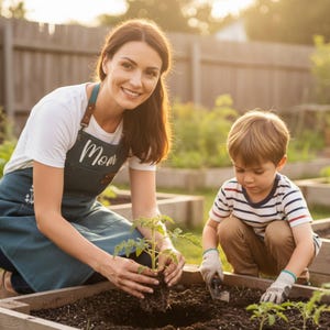May include: A woman and a child planting seedlings in a raised garden bed. The woman wears a white top and a blue apron with the word "Mom" on it. The child wears a striped top and gardening gloves. The garden is enclosed by a wooden fence.