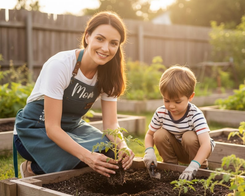 May include: A woman and a child planting seedlings in a raised garden bed. The woman wears a white top and a blue apron with the word "Mom" on it. The child wears a striped top and gardening gloves. The garden is enclosed by a wooden fence.