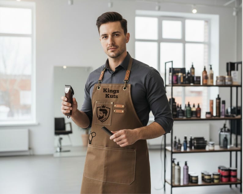 May include: A brown barber apron with the text "Kings Kuts" and a logo featuring a silhouette of a man's face. The apron has leather straps and pockets. The person is holding a hair clipper and a comb.