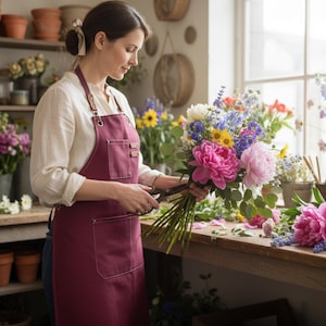 May include: A florist in a burgundy apron, trimming a bouquet of vibrant flowers. The bouquet features pink peonies, blue delphiniums, and yellow sunflowers. The setting is a light-filled flower shop, with other floral displays visible.