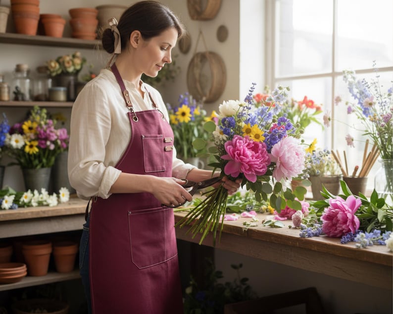 May include: A florist in a burgundy apron, trimming a bouquet of vibrant flowers. The bouquet features pink peonies, blue delphiniums, and yellow sunflowers. The setting is a light-filled flower shop, with other floral displays visible.