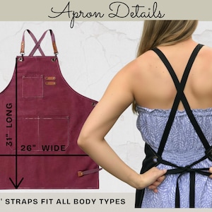 May include: A burgundy apron with leather accents and pockets. The apron is 31 inches long and 26 inches wide. It features adjustable straps and the text "Apron Details". The straps are 61 inches long and fit all body types.