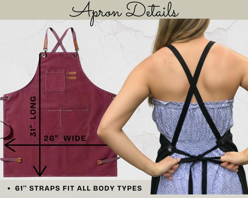 May include: A burgundy apron with leather accents and pockets. The apron is 31 inches long and 26 inches wide. It features adjustable straps and the text "Apron Details". The straps are 61 inches long and fit all body types.