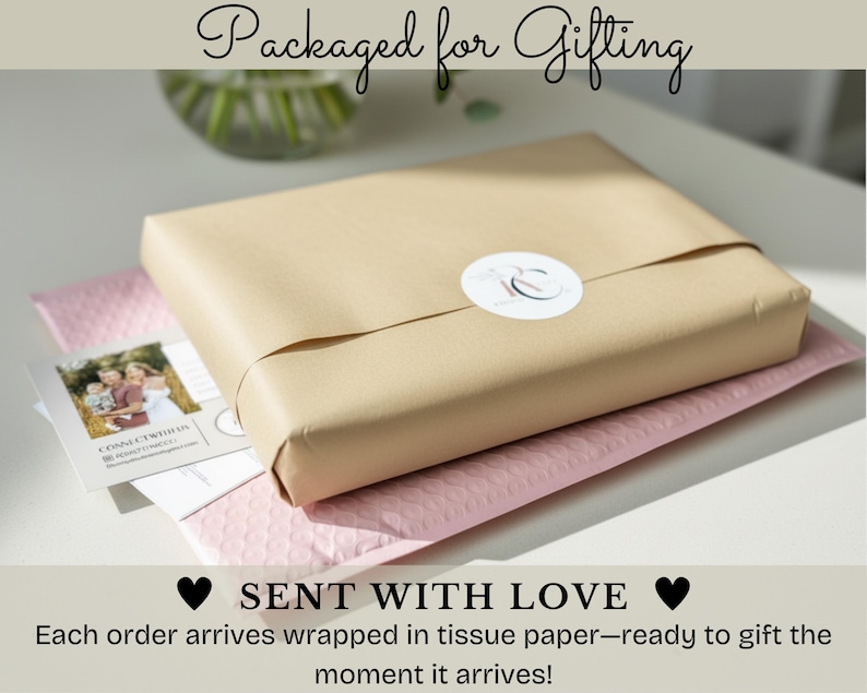 May include: A gift wrapped in brown paper, secured with twine and a white sticker. The package rests on a pink bubble mailer, with a card featuring a family photo. Text reads "Packaged for Gifting" and "Sent with Love."