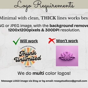 May include: A graphic with text detailing logo requirements. It specifies minimal, thick lines, PNG or JPEG format, background removal, 1200x1200 pixels, and 300 DPI resolution. Includes examples of what will and won't work, and contact information.