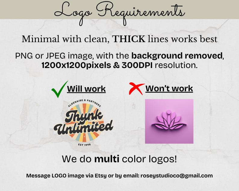 May include: A graphic with text detailing logo requirements. It specifies minimal, thick lines, PNG or JPEG format, background removal, 1200x1200 pixels, and 300 DPI resolution. Includes examples of what will and won't work, and contact information.