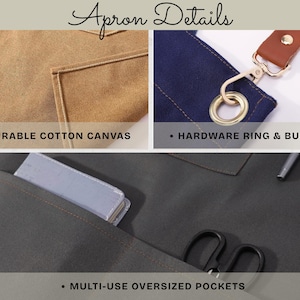 May include: Close-up details of an apron are shown, including durable cotton canvas, a hardware ring and buckle, and multi-use oversized pockets. The apron is displayed in sections.
