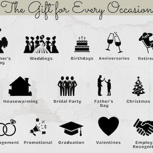 May include: Image featuring the text "The Gift for Every Occasion" and black silhouette illustrations representing various occasions, including Mother's Day, Weddings, Birthdays, Anniversaries, Retirement, and more. The image is on a light background.