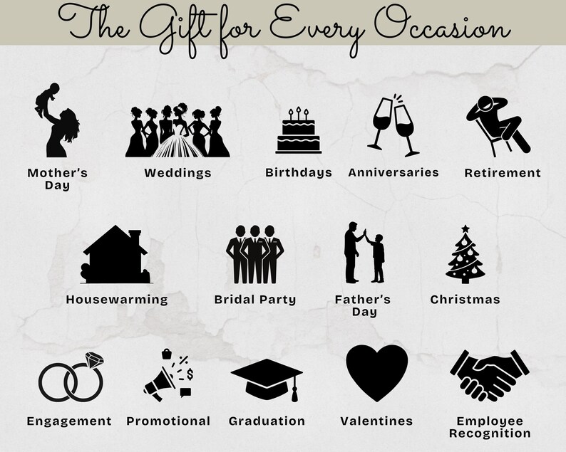 May include: Image featuring the text "The Gift for Every Occasion" and black silhouette illustrations representing various occasions, including Mother's Day, Weddings, Birthdays, Anniversaries, Retirement, and more. The image is on a light background.