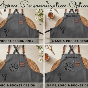 May include: A gray apron with leather accents and pockets. The apron features personalization options, including pocket design only, name and pocket design, logo and pocket design, and name, logo, and pocket design. The text "Apron Personalization Options" is at the top.