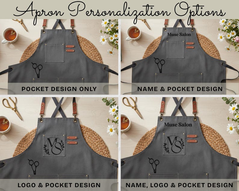 May include: A gray apron with leather accents and pockets. The apron features personalization options, including pocket design only, name and pocket design, logo and pocket design, and name, logo, and pocket design. The text "Apron Personalization Options" is at the top.