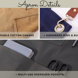 May include: Close-up shots of an apron showcasing its features. The apron is made of durable cotton canvas, has a hardware ring and buckle, and multi-use oversized pockets. The text "Apron Details" is at the top.