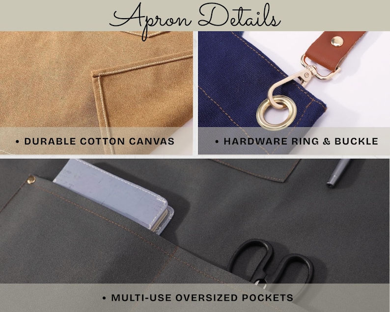 May include: Close-up shots of an apron showcasing its features. The apron is made of durable cotton canvas, has a hardware ring and buckle, and multi-use oversized pockets. The text "Apron Details" is at the top.
