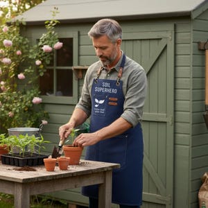 May include: A person wearing a blue apron with the text "SOIL SUPERHERO" is potting plants at a wooden table. The scene includes terracotta pots, a metal bucket, and a green shed in the background. Pink roses bloom nearby.