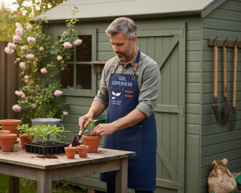 May include: A person wearing a blue apron with the text "SOIL SUPERHERO" is potting plants at a wooden table. The scene includes terracotta pots, a metal bucket, and a green shed in the background. Pink roses bloom nearby.