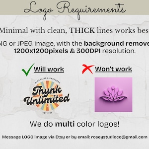 May include: A graphic outlining logo design specifications. It advises minimal, thick lines, PNG or JPEG format, background removal, 1200x1200 pixels, and 300 DPI resolution. Includes examples and contact details for logo submissions.