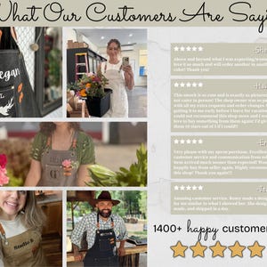 May include: A collage showcasing various aprons with personalized designs and customer testimonials. The aprons feature custom embroidery and leather straps. Text includes customer reviews and the phrase "What Our Customers Are Saying."