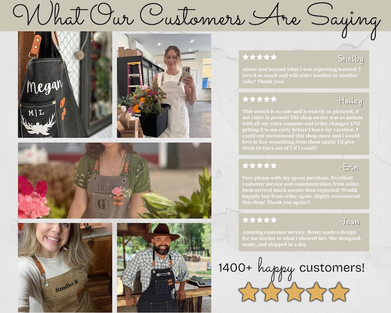 May include: A collage showcasing various aprons with personalized designs and customer testimonials. The aprons feature custom embroidery and leather straps. Text includes customer reviews and the phrase "What Our Customers Are Saying."