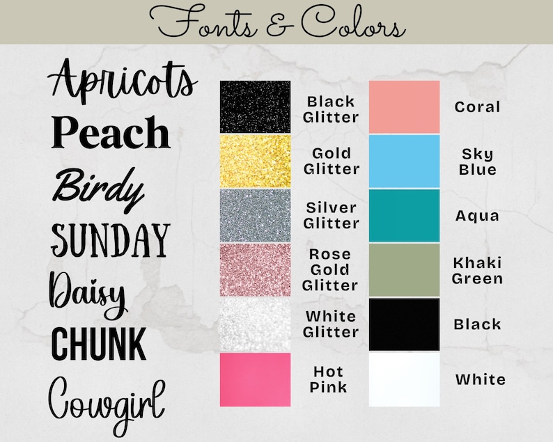 May include: An image showcasing fonts and colours. Text examples include "Apricots" and "Peach" in different font styles. Colour swatches are shown, including "Black Glitter," "Coral," "Sky Blue," and "Aqua."