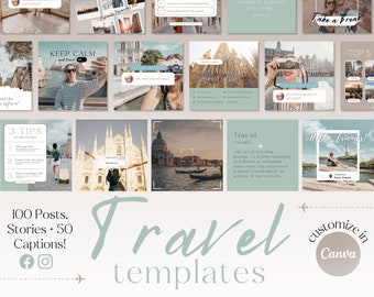 May include: A set of 100 Instagram post and story templates for travel bloggers and influencers. The templates feature a variety of travel-themed images and text, including tips for safe travel, travel quotes, and inspirational travel photos. The templates are customizable in Canva.