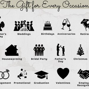 May include: Image with the text "The Gift for Every Occasion" and illustrations for Mother's Day, Weddings, Birthdays, Anniversaries, Retirement, Housewarming, Bridal Party, Father's Day, Christmas, Engagement, Promotional, Graduation, Valentines, and Employee Recognition.