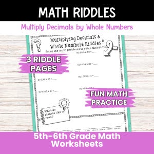 Math Decimals Worksheets with Riddles, Multiplying Decimals, Math Teacher Printable Resource, Fifth Grade, Sixth Grade, Homeschool, Homework