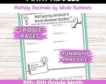 Math Decimals Worksheets with Riddles, Multiplying Decimals, Math Teacher Printable Resource, Fifth Grade, Sixth Grade, Homeschool, Homework
