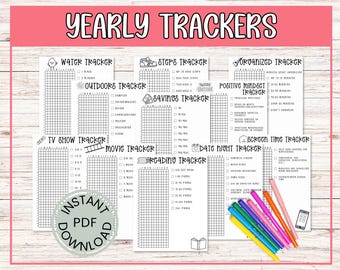 Year of Pixel Trackers - 24 Printable Yearly Trackers Undated - Premade Journal Trackers - Pixel Coloring Journal Pages