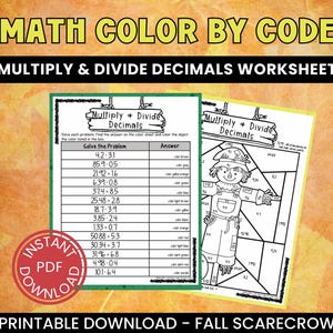 Fall Scarecrow Math Multiplying and Dividing Decimals - 5th and 6th Grade Math Color by Number - Worksheets Packet - No Prep Math Center