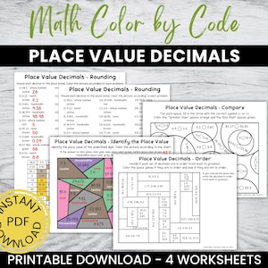 May include: Four printable worksheets for teaching place value with decimals. The worksheets include activities for rounding, comparing, identifying place value, and ordering decimals. The worksheets are black and white with colorful instructions.