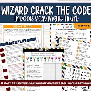 Op de afbeelding: Tien afdrukbare puzzelkaartjes voor een tovenaars-speurtocht. De kaartjes bevatten een codekraakpuzzel met kleurrijke edelstenen en een raster. De tekst op de kaartjes luidt "Bijna klaar" en "De kristallen gloeien in regenboogkleuren - Plaats ze voorzichtig om het goed te doen!"