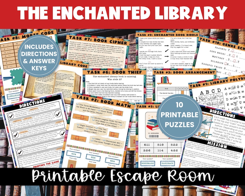 Printable Escape Room for Tweens, Teens, & Kids - The Enchanted Library Escape Room Game - Fun Printable Puzzle Game - Family Game Night - Includes Directions & Answer Key - 10 Printable Puzzles